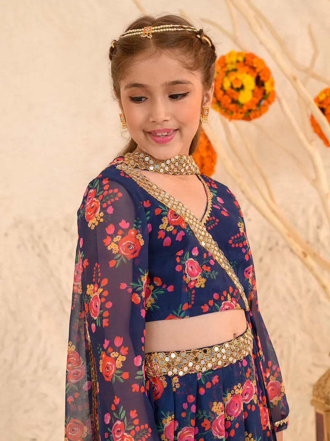Girls Navy-Blue Ethnic Floral Print Georgette Circular Lehenga & Choli With Dupatta