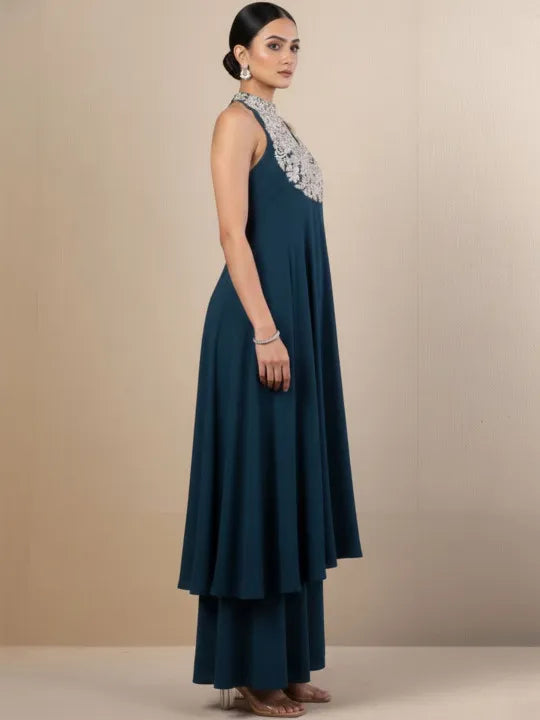 Women Ethnic Motifs Embroidered Panelled Silk Georgette Kurta with Palazzos