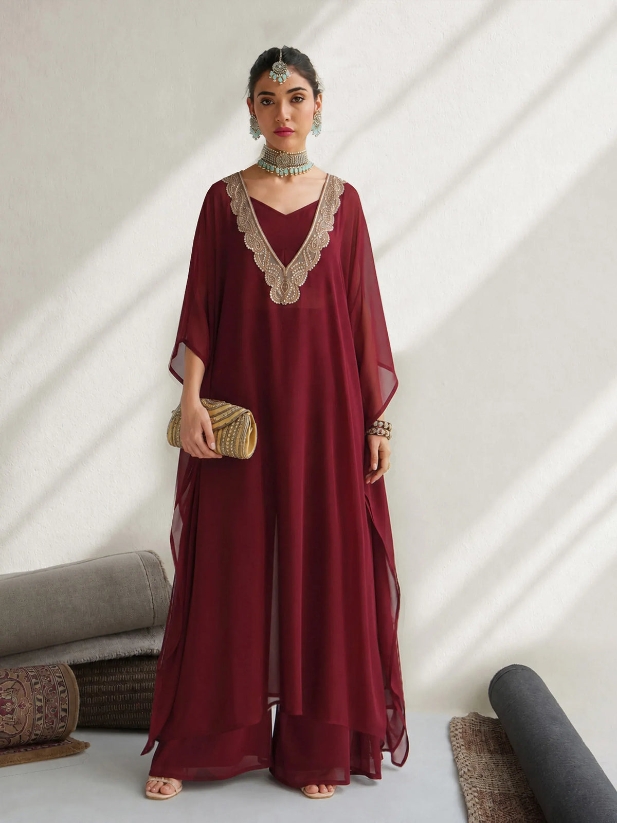 Women Embroidered Kaftan With Cami & Straight Pants