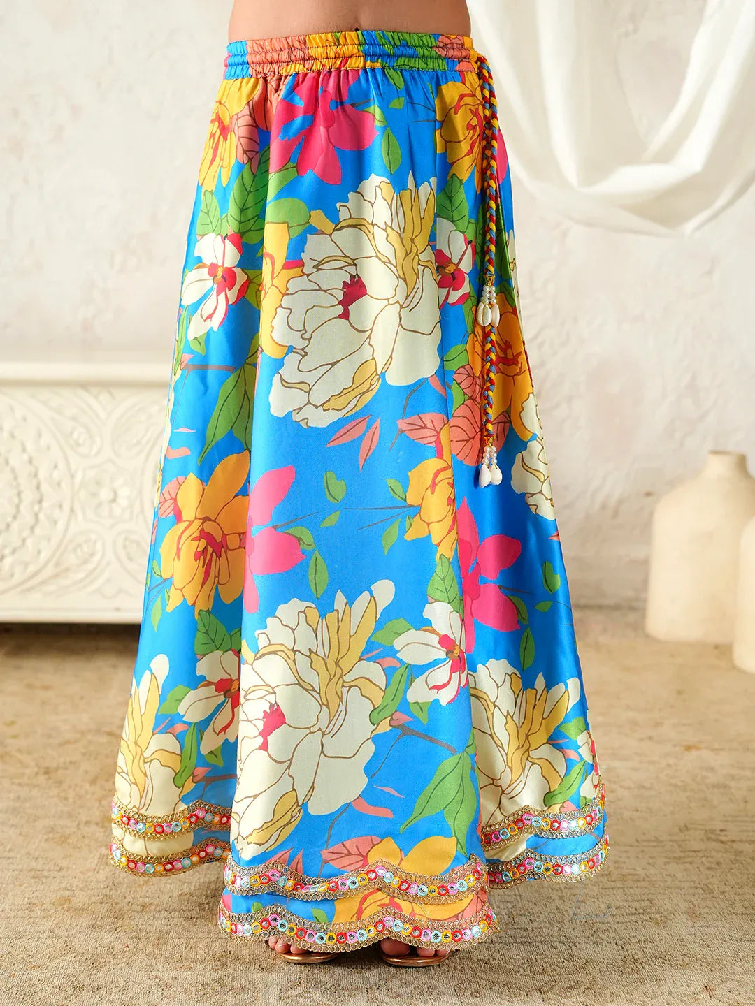 Girls Multi Ethnic Floral Print Satin Circular Lehenga & Choli With Dupatta