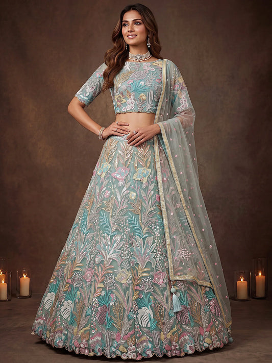 Sparkling Embroidered Net Marriage Wear Lehenga Choli - Pista Green & Lavender