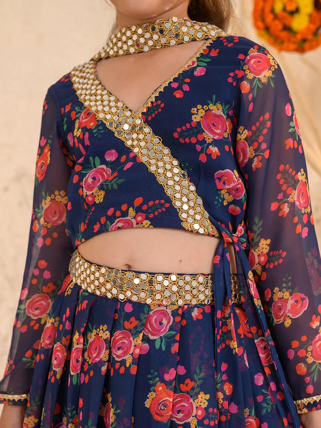 Girls Navy-Blue Ethnic Floral Print Georgette Circular Lehenga & Choli With Dupatta