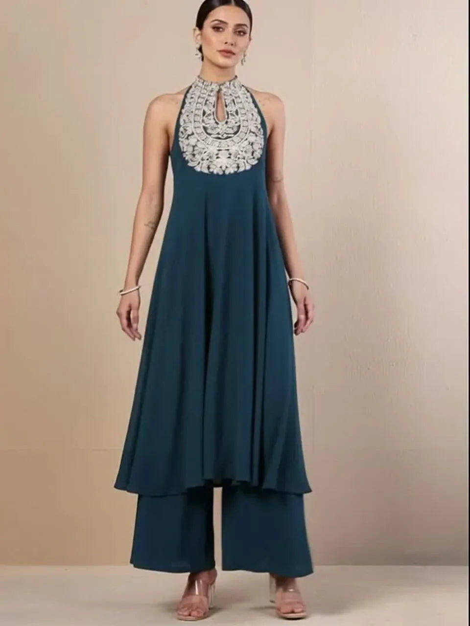 Women Ethnic Motifs Embroidered Panelled Silk Georgette Kurta with Palazzos