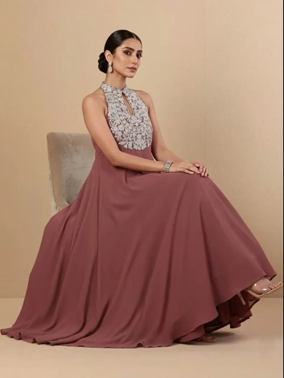 Women Ethnic Motifs Embroidered Panelled Silk Georgette Kurta with Palazzos