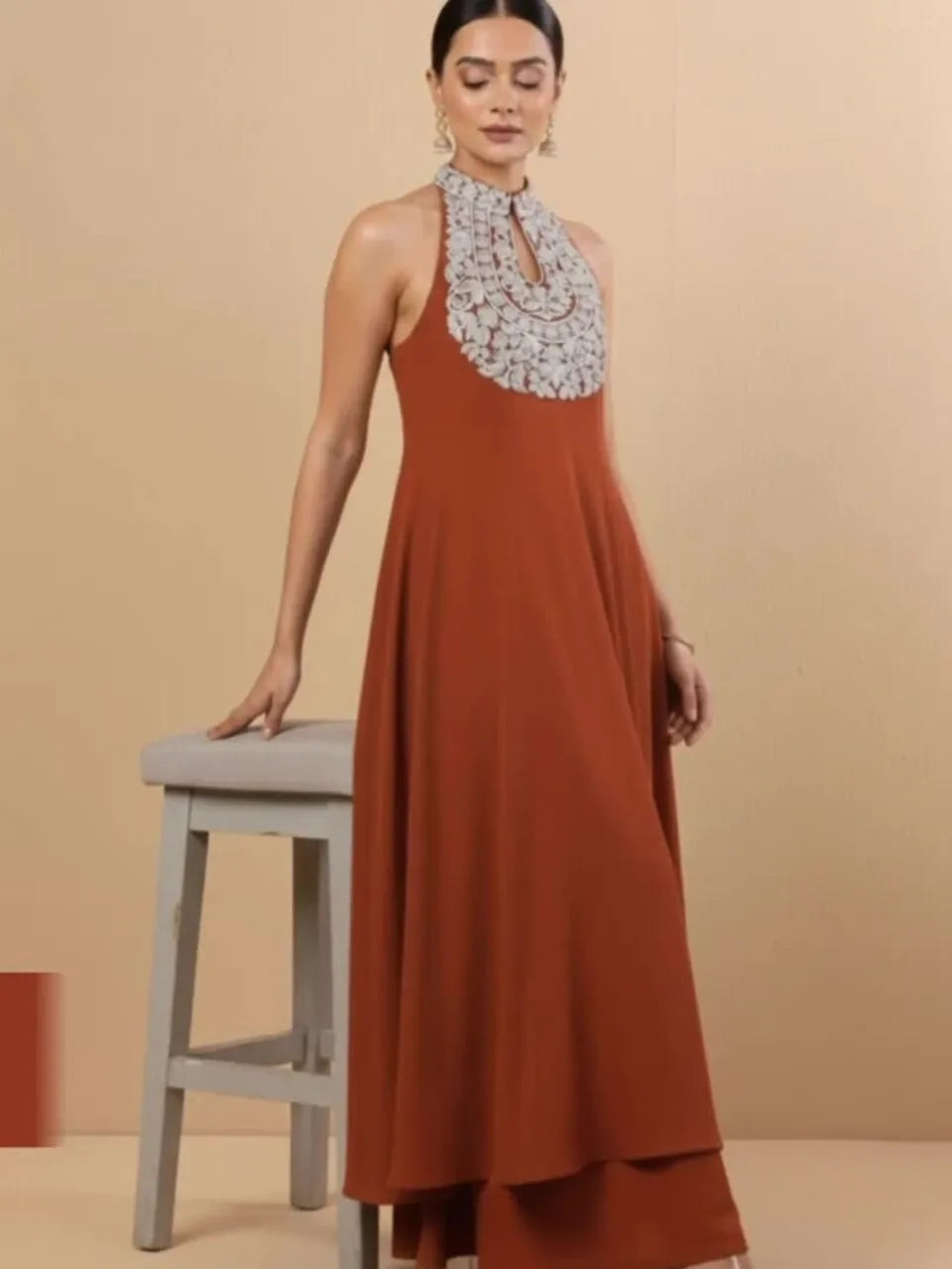 Women Ethnic Motifs Embroidered Panelled Silk Georgette Kurta with Palazzos