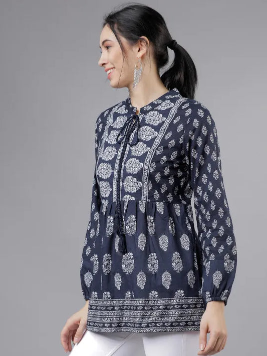 Women Navy Blue & White Printed Tunic