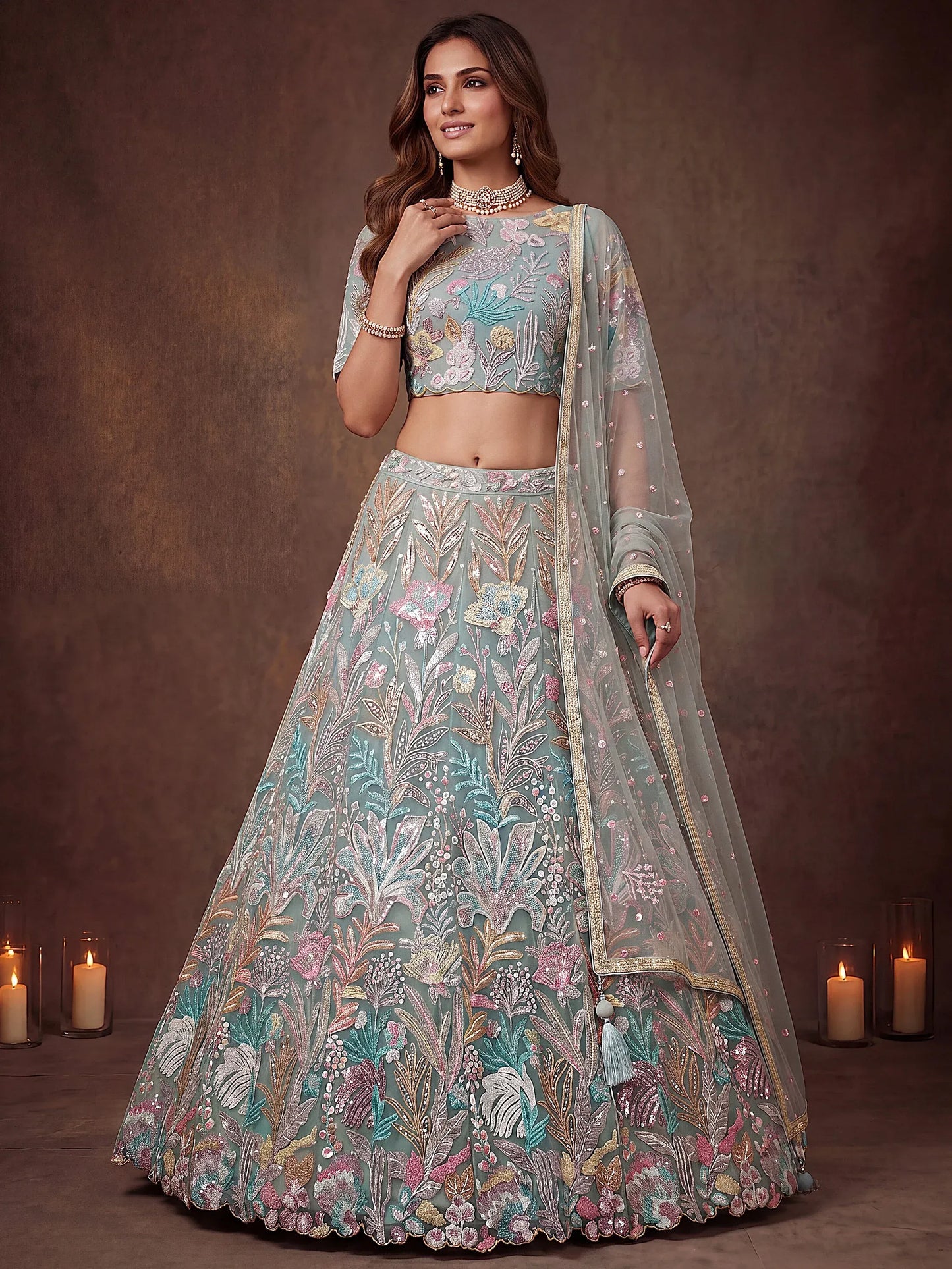 Sparkling Embroidered Net Marriage Wear Lehenga Choli - Pista Green & Lavender
