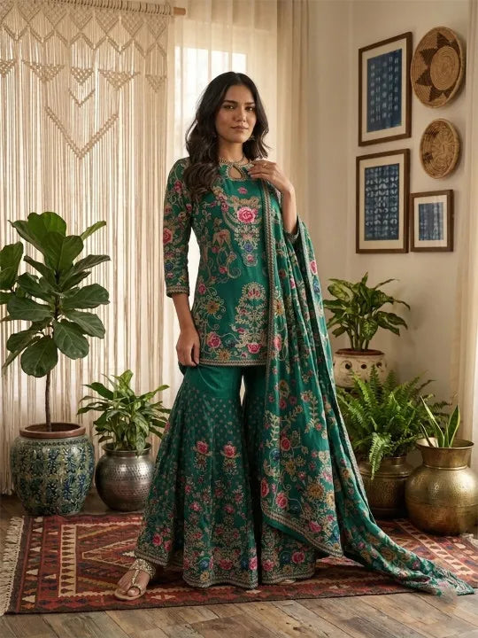 Women Ethnic Motifs Printed Silk Crepe Kurta with Sharara & With Dupatta