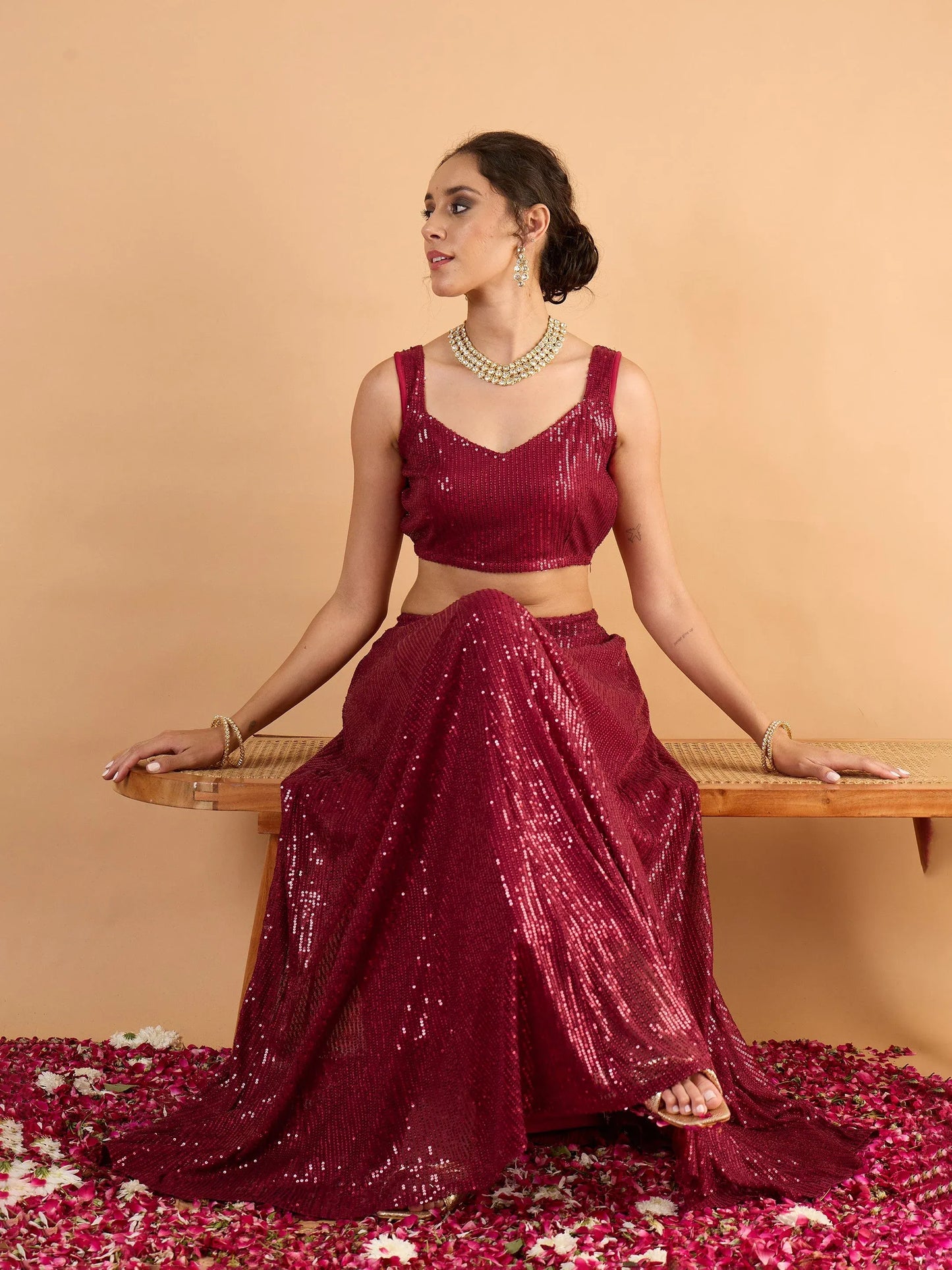 Women Sequins Sleeveless Crop Top With Anarkali Skirt