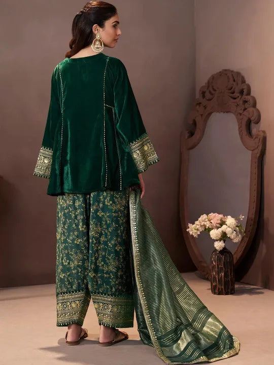 Women Ethnic Motifs Embroidered Regular Velvet Kurta with Farshi & With Dupatta