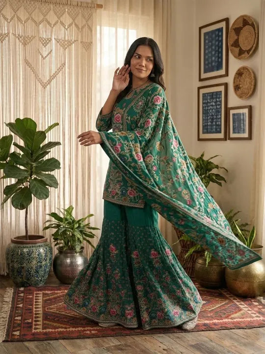 Women Ethnic Motifs Printed Silk Crepe Kurta with Sharara & With Dupatta