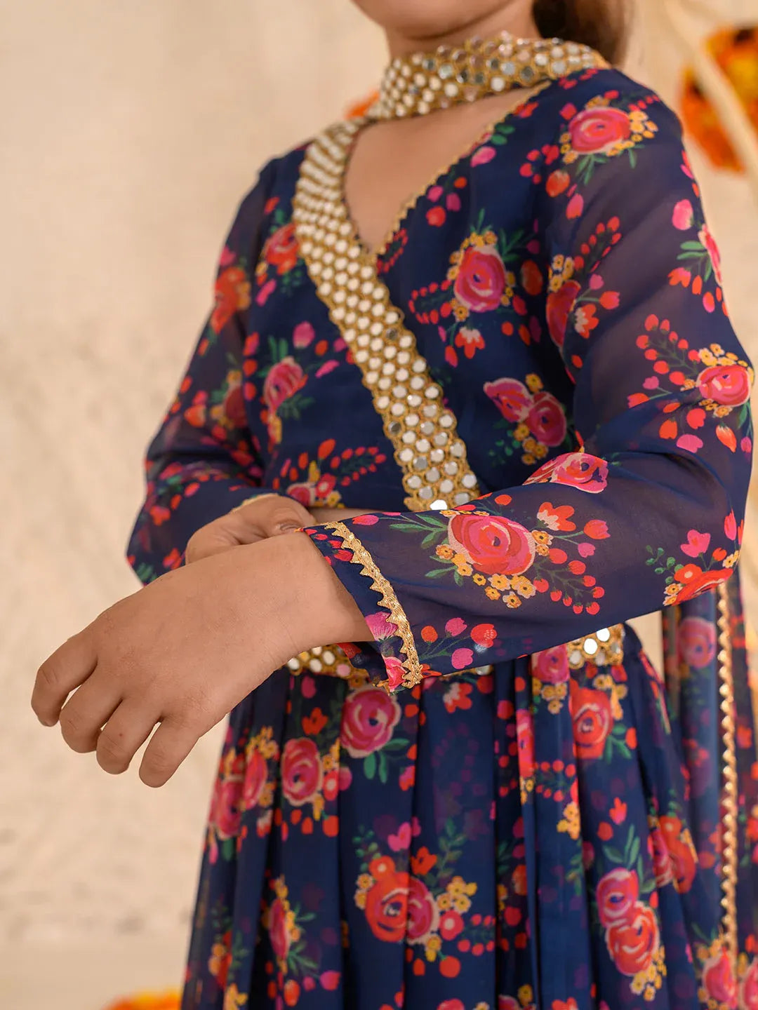 Girls Navy-Blue Ethnic Floral Print Georgette Circular Lehenga & Choli With Dupatta