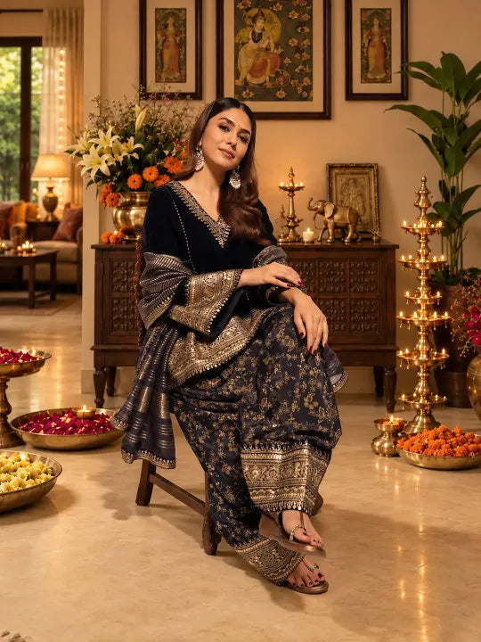 Women Ethnic Motifs Embroidered Regular Velvet Kurta with Farshi & With Dupatta