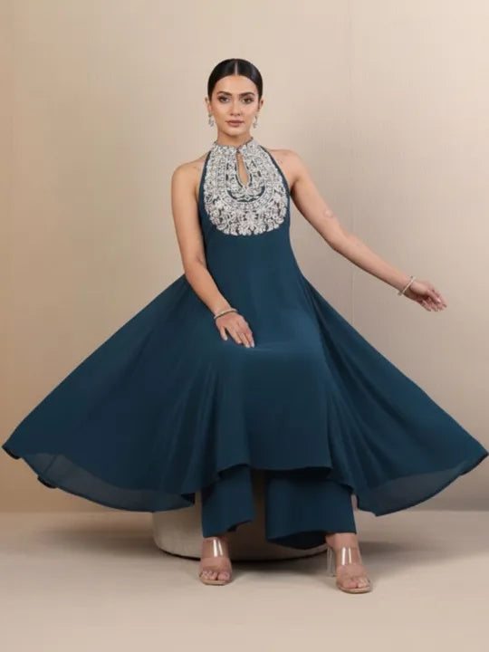 Women Ethnic Motifs Embroidered Panelled Silk Georgette Kurta with Palazzos