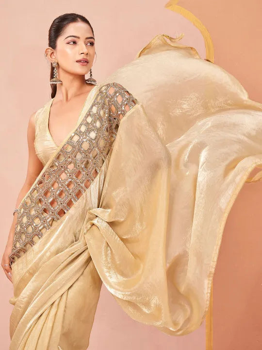 Embellished Sequinned Satin Heavy Work Saree with Embellished Border