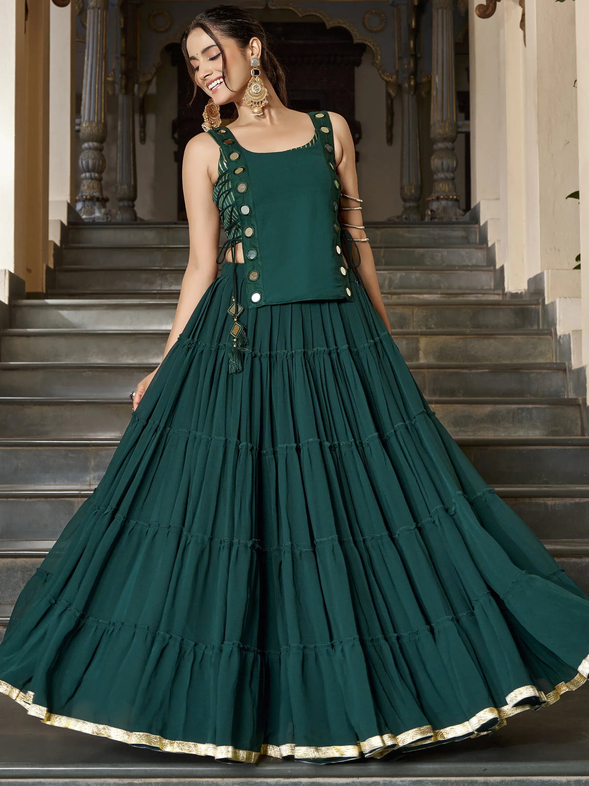 Mirror Work Chiffon Navratri Wear Crop Top Lehenga