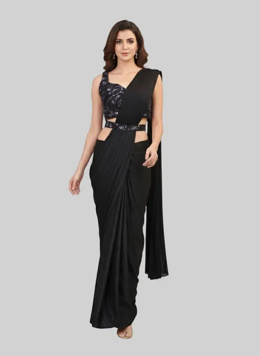 Embellished Solid Plain Pre Draped Saree Lycra Saree Black