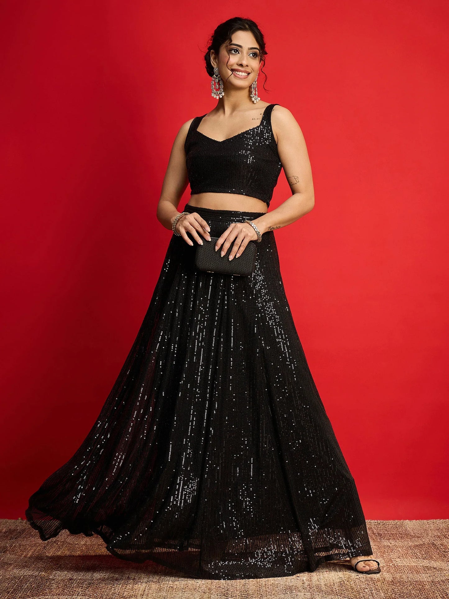 Women Sequins Sleeveless Crop Top With Anarkali Skirt