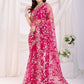 Thread Embroidered Net Party Wear Saree With Blouse - Black, Maroon, Rani Pink