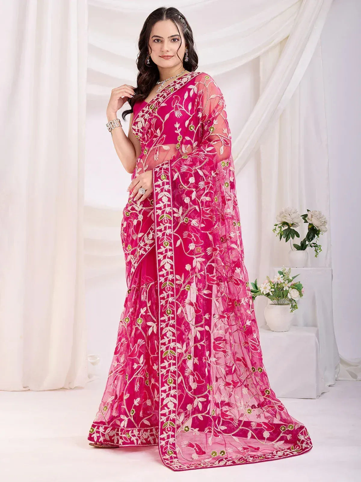 Thread Embroidered Net Party Wear Saree With Blouse - Black, Maroon, Rani Pink