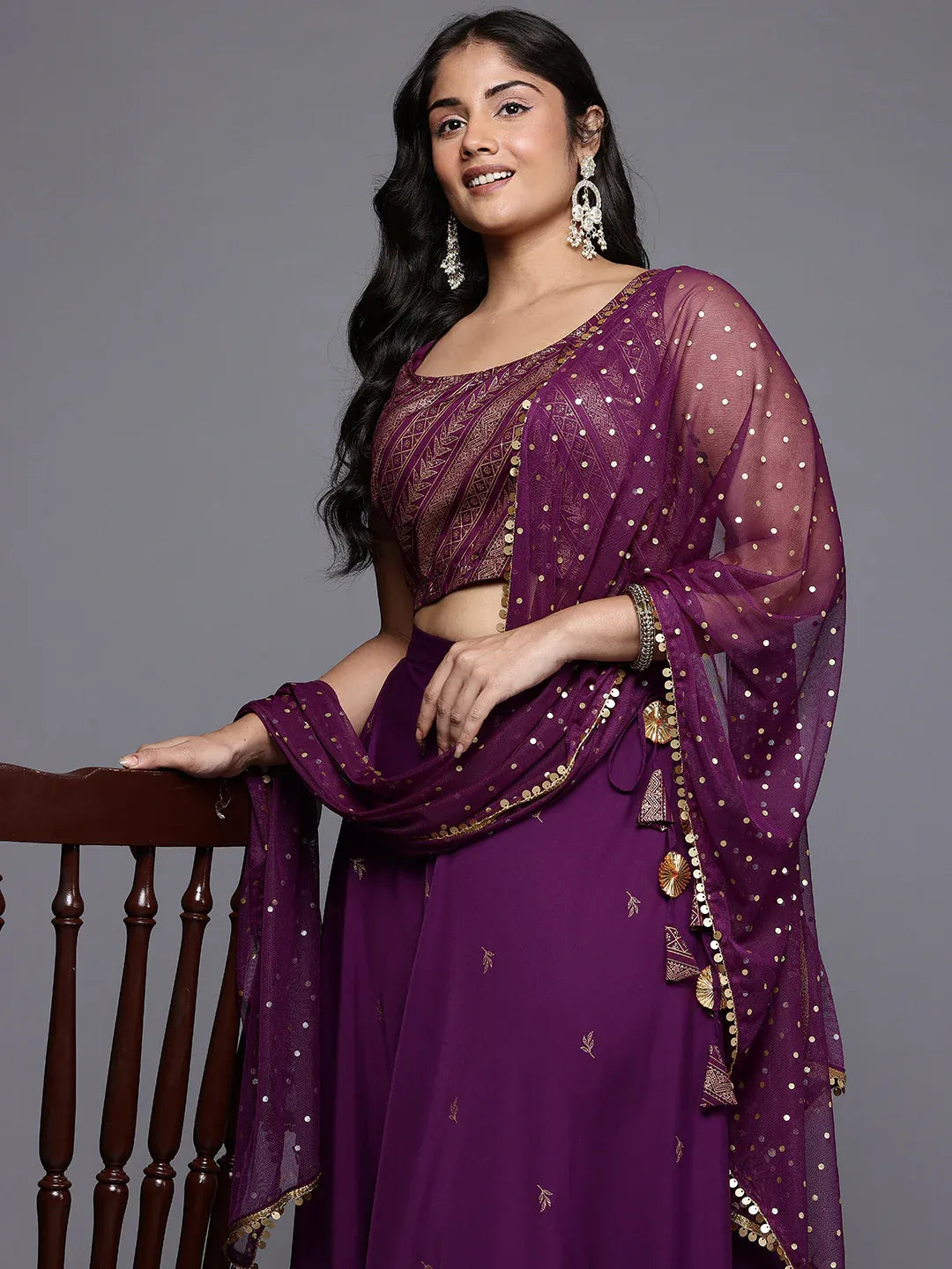 Plus Size Printed Sequined Detail Foil Print Lehenga Choli With Dupatta