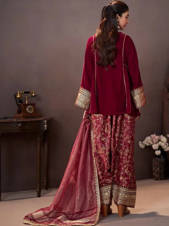 Women Ethnic Motifs Embroidered Regular Velvet Kurta with Farshi & With Dupatta