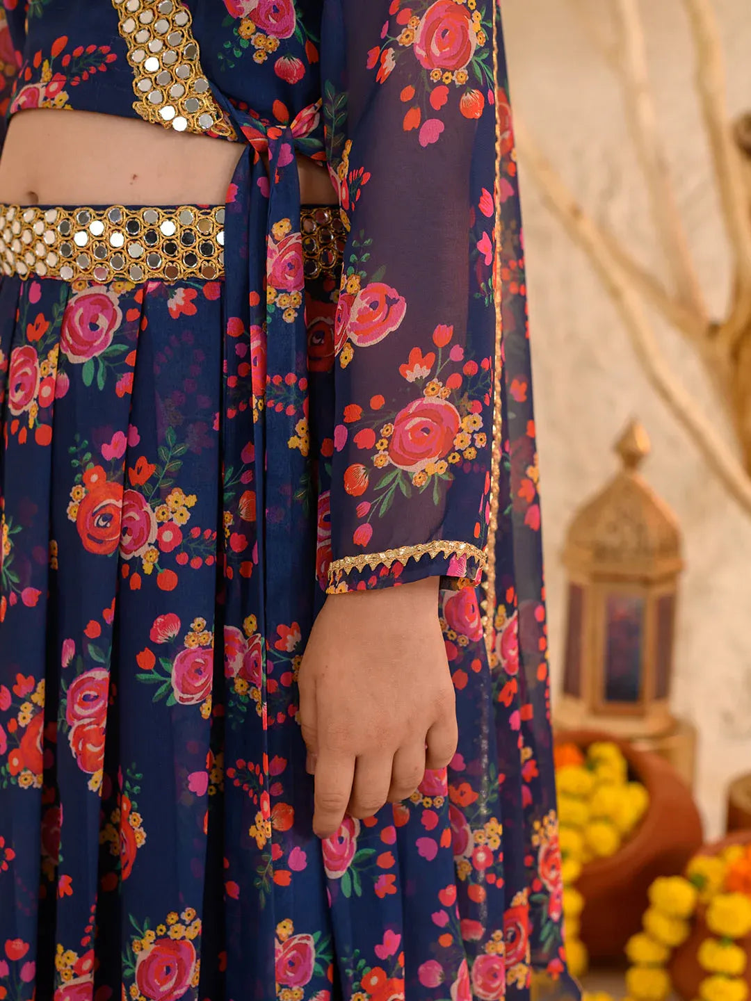 Girls Navy-Blue Ethnic Floral Print Georgette Circular Lehenga & Choli With Dupatta