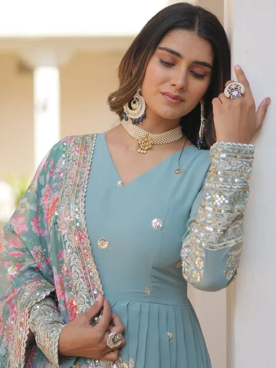 Floral Embroidered Sequined Georgette Anarkali Kurta With Dupatta