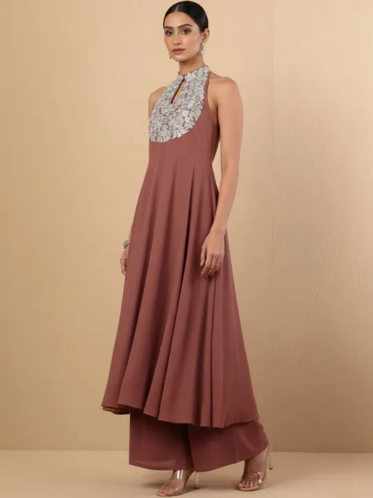 Women Ethnic Motifs Embroidered Panelled Silk Georgette Kurta with Palazzos