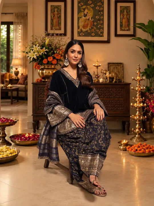 Women Ethnic Motifs Embroidered Regular Velvet Kurta with Farshi & With Dupatta