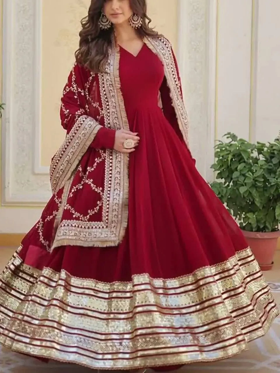 Women Maroon Embroidered Georgette Anarkali Kurta