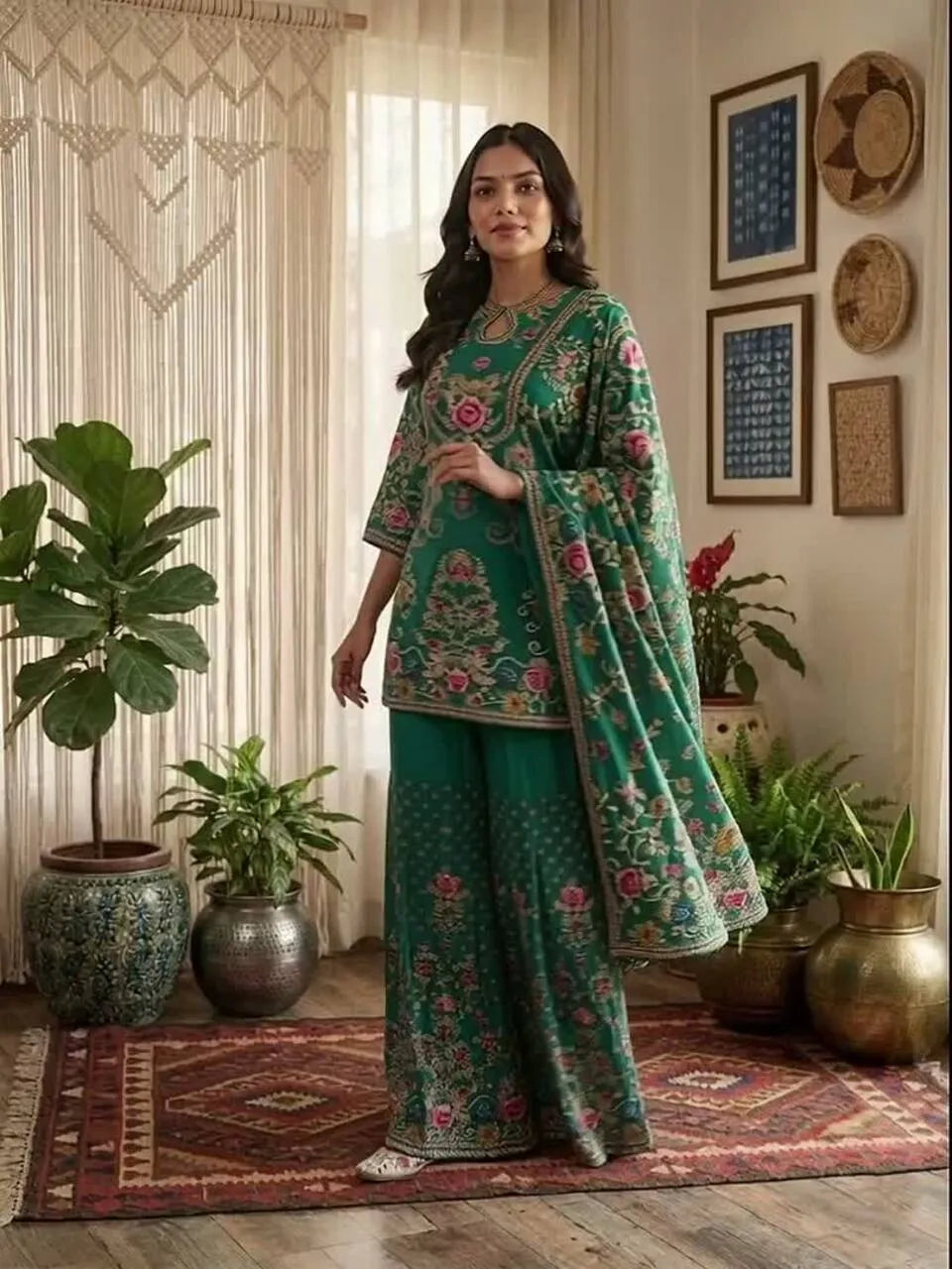 Women Ethnic Motifs Printed Silk Crepe Kurta with Sharara & With Dupatta
