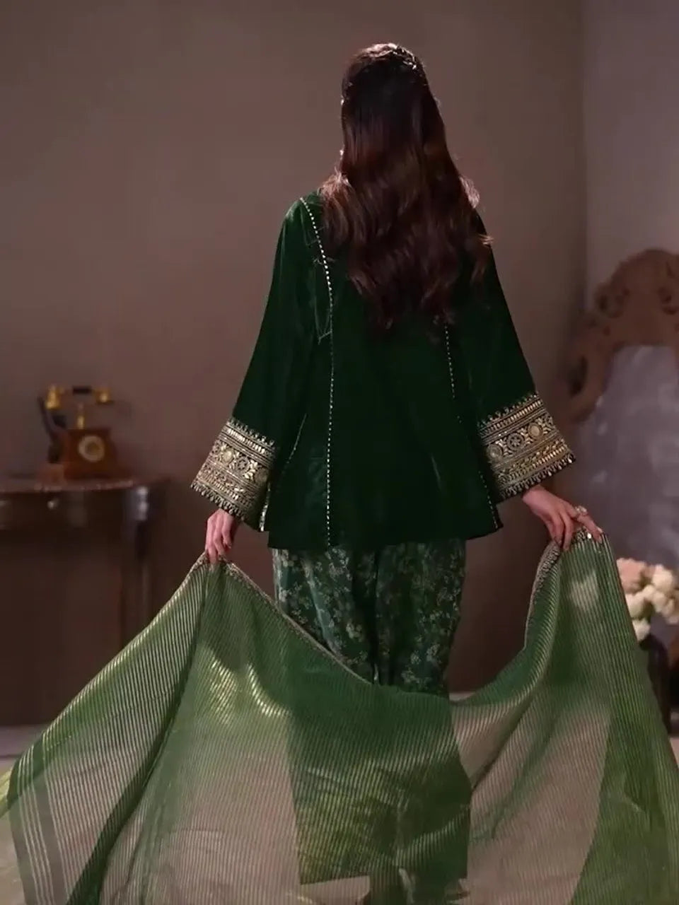 Women Ethnic Motifs Embroidered Regular Velvet Kurta with Farshi & With Dupatta