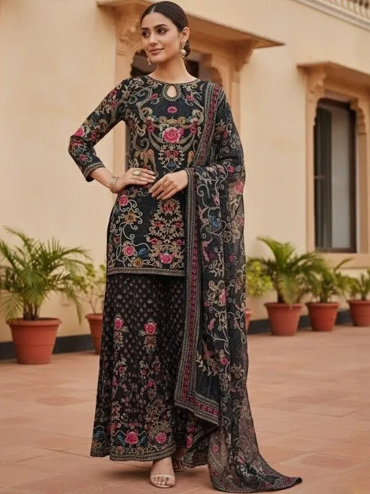 Women Ethnic Motifs Printed Silk Crepe Kurta with Sharara & With Dupatta