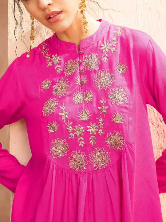 Floral Embroidered Pleated Sequined A-Line Fusion Kurti with Dhoti Pant