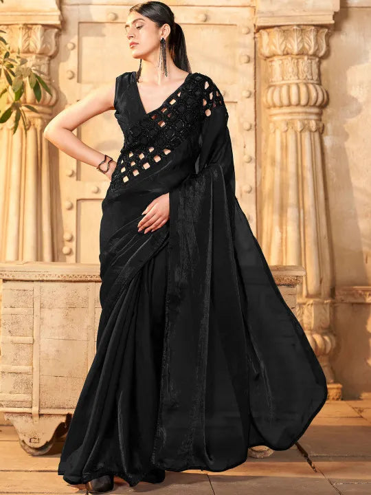 Embellished Sequinned Satin Heavy Work Saree with Embellished Border