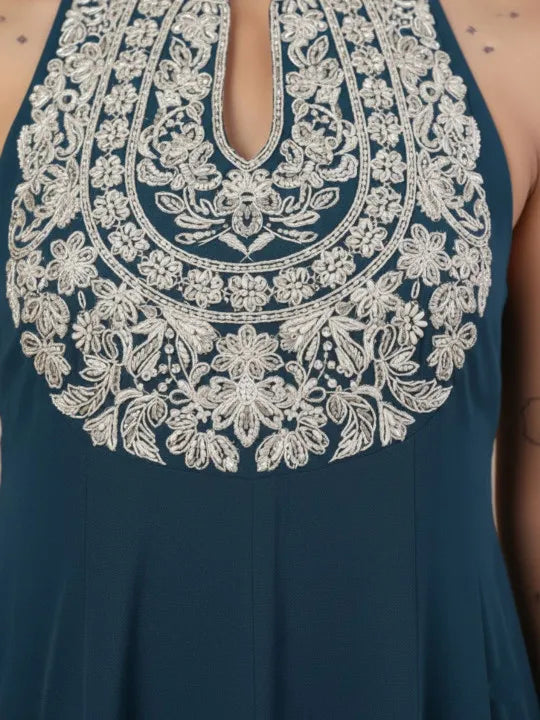 Women Ethnic Motifs Embroidered Panelled Silk Georgette Kurta with Palazzos