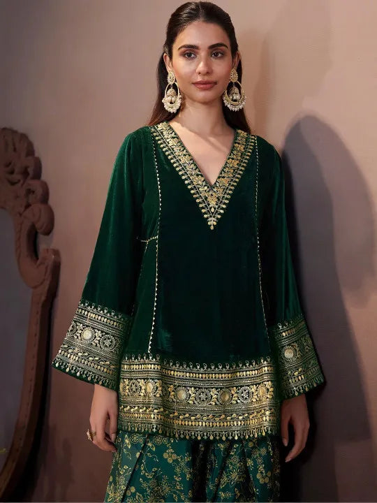 Women Ethnic Motifs Embroidered Regular Velvet Kurta with Farshi & With Dupatta