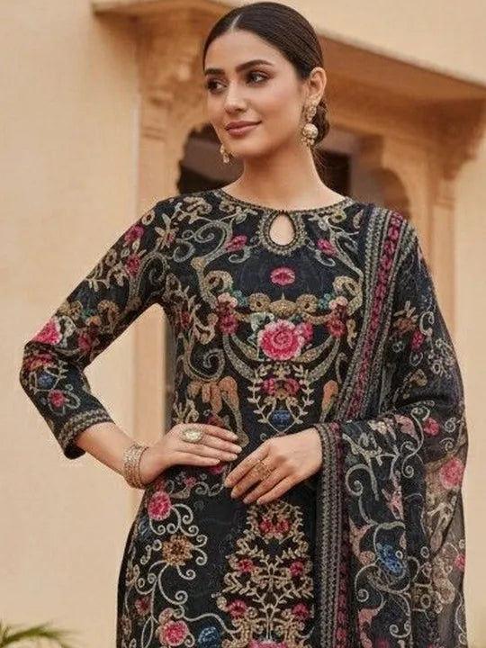 Women Ethnic Motifs Printed Silk Crepe Kurta with Sharara & With Dupatta