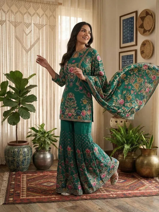 Women Ethnic Motifs Printed Silk Crepe Kurta with Sharara & With Dupatta