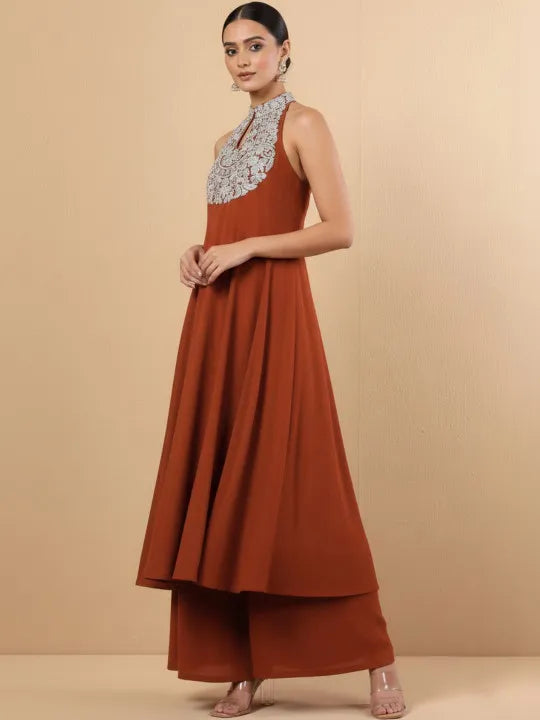 Women Ethnic Motifs Embroidered Panelled Silk Georgette Kurta with Palazzos
