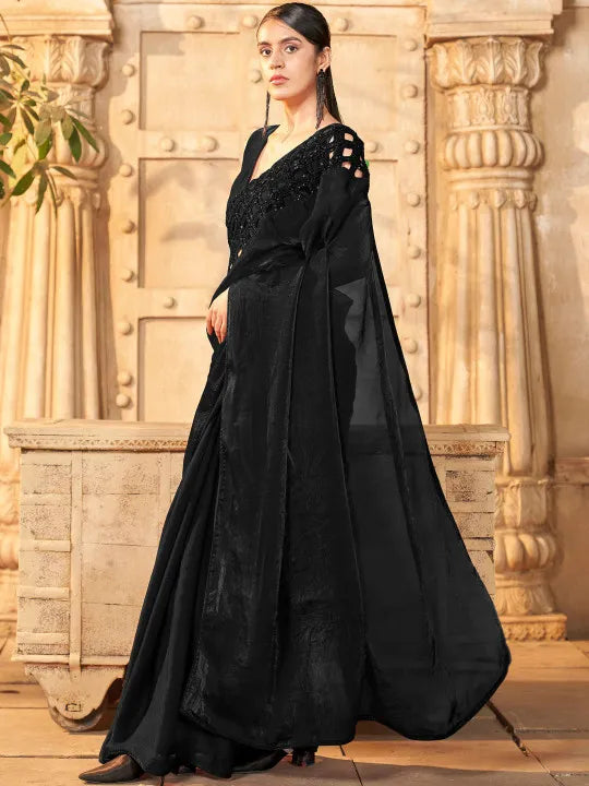Embellished Sequinned Satin Heavy Work Saree with Embellished Border