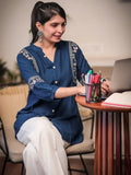 Women Ethnic Motifs Embroidered Mandarin Collar A-Line Tunic