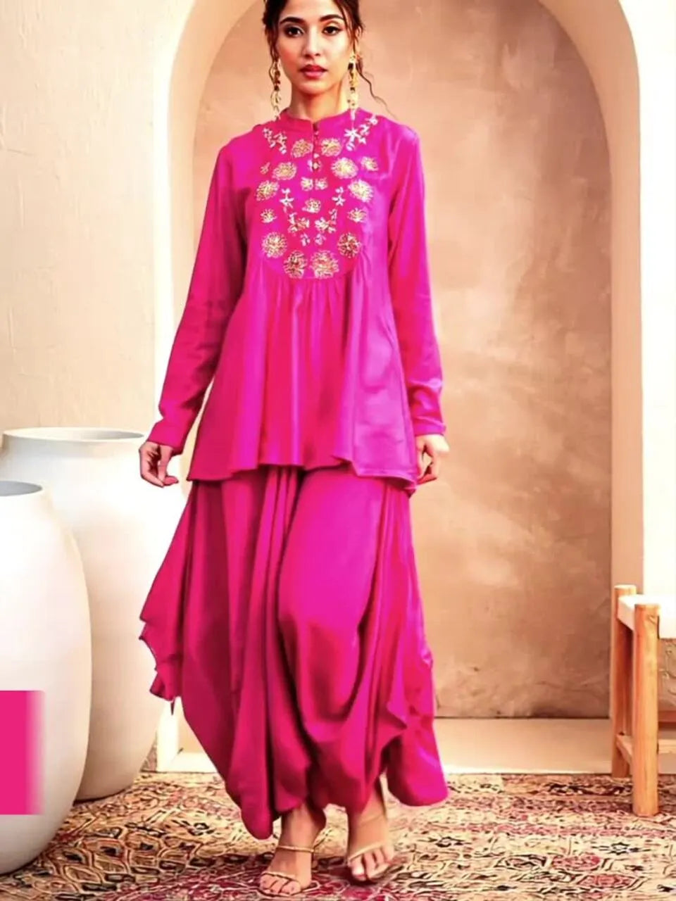 Floral Embroidered Pleated Sequined A-Line Fusion Kurti with Dhoti Pant