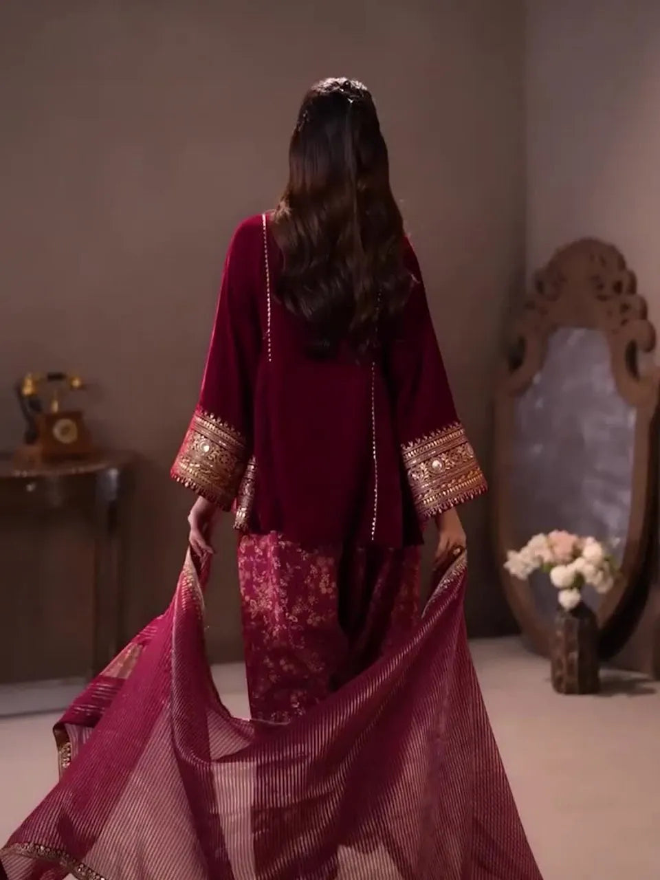 Women Ethnic Motifs Embroidered Regular Velvet Kurta with Farshi & With Dupatta
