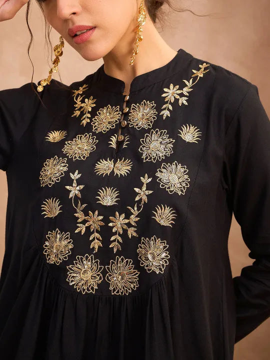 Floral Embroidered Pleated Sequined A-Line Fusion Kurti with Dhoti Pant