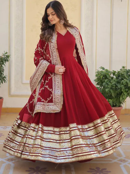 Women Maroon Embroidered Georgette Anarkali Kurta