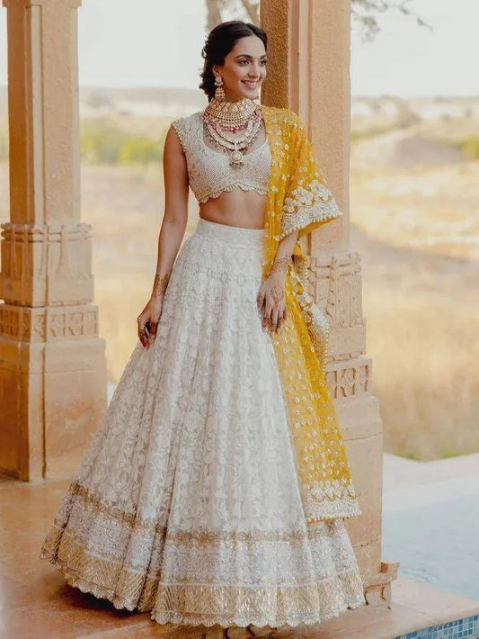Kiara Advani Inspired White Embroidered Georgette Bridal Lehenga Choli