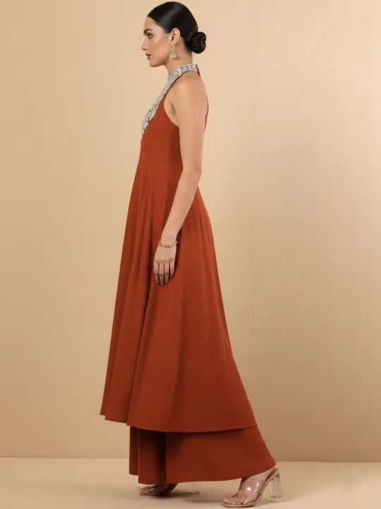 Women Ethnic Motifs Embroidered Panelled Silk Georgette Kurta with Palazzos