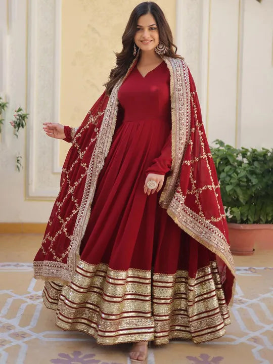 Women Maroon Embroidered Georgette Anarkali Kurta